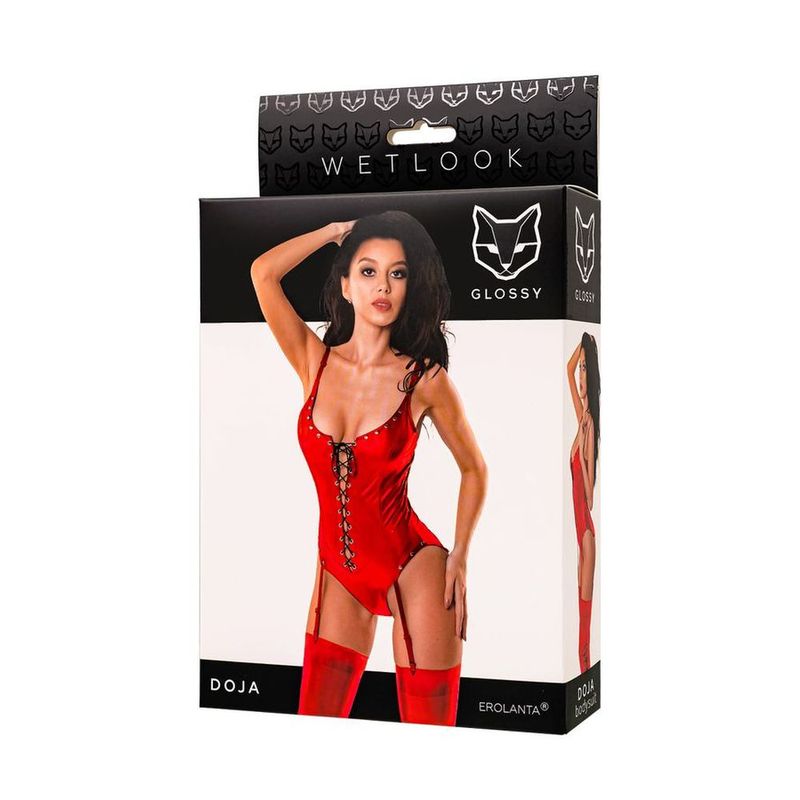 Glossy Doja (Red) – Elegant Wetlook Spandex Lingerie Bodysuit With Garter Straps