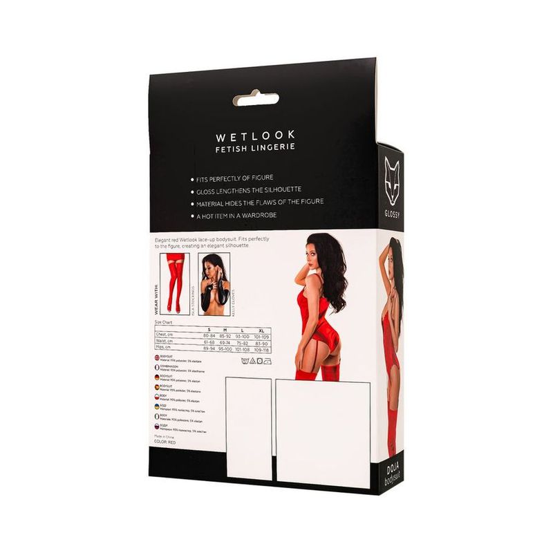 Glossy Doja (Red) – Elegant Wetlook Spandex Lingerie Bodysuit With Garter Straps