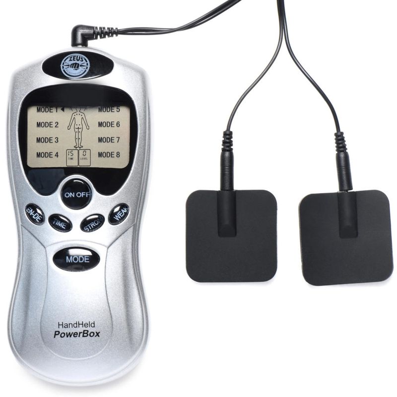 Zeus Handheld Power Box with Black Silicone Pads – Portable 8 Mode Electro Stimulation Unit