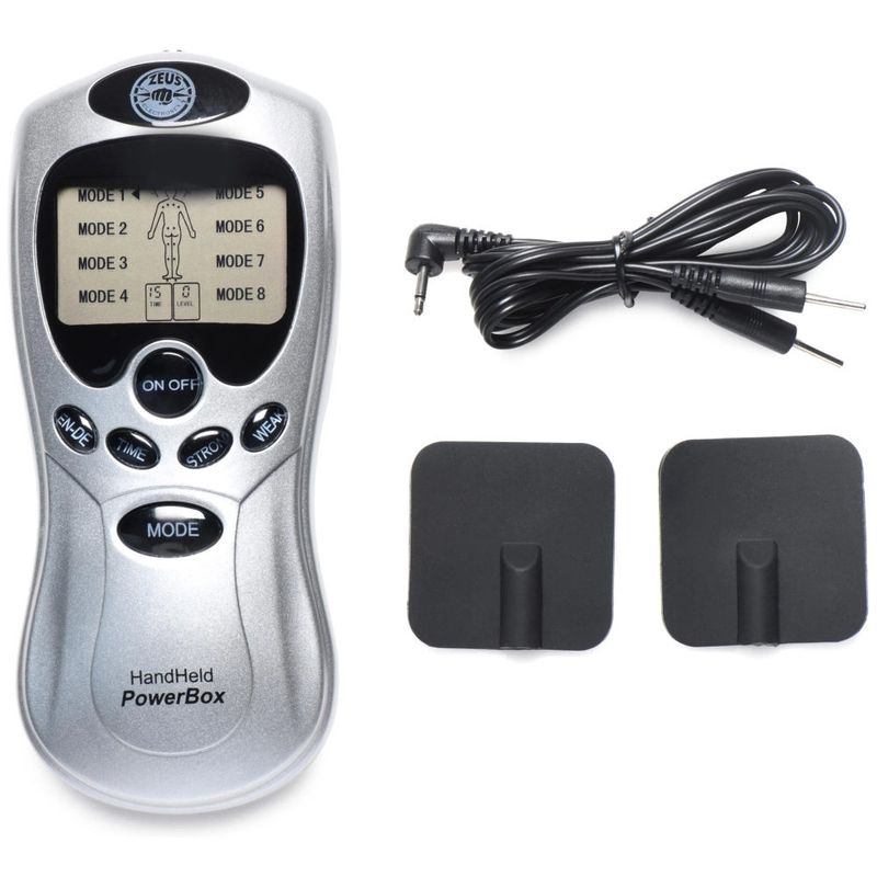 Zeus Handheld Power Box with Black Silicone Pads – Portable 8 Mode Electro Stimulation Unit