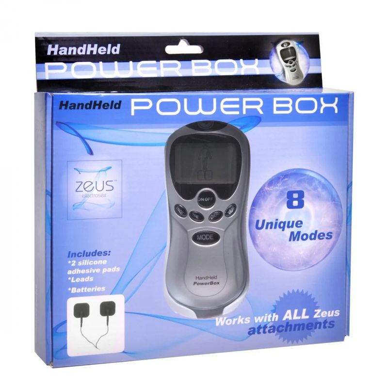 Zeus Handheld Power Box with Black Silicone Pads – Portable 8 Mode Electro Stimulation Unit