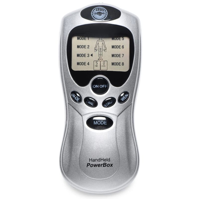 Zeus Handheld Power Box with Black Silicone Pads – Portable 8 Mode Electro Stimulation Unit
