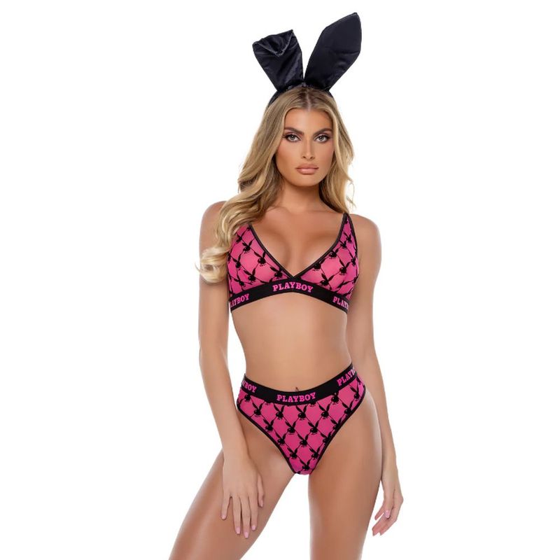 Playboy Flocked Bunny Lingerie Set (Black) – Soft-Cut Bralette and High-Rise Thong Lingerie