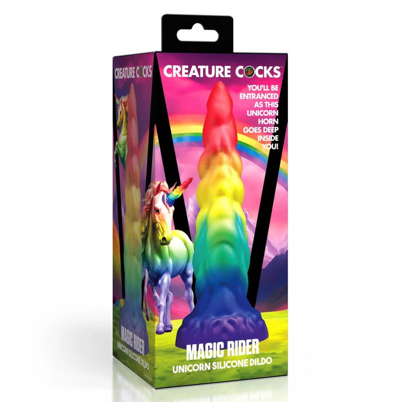 Magic Rider Unicorn 6.8 Inch Silicone Dildo (Iridescent Rainbow) – with Suction Base and Tapered Tip