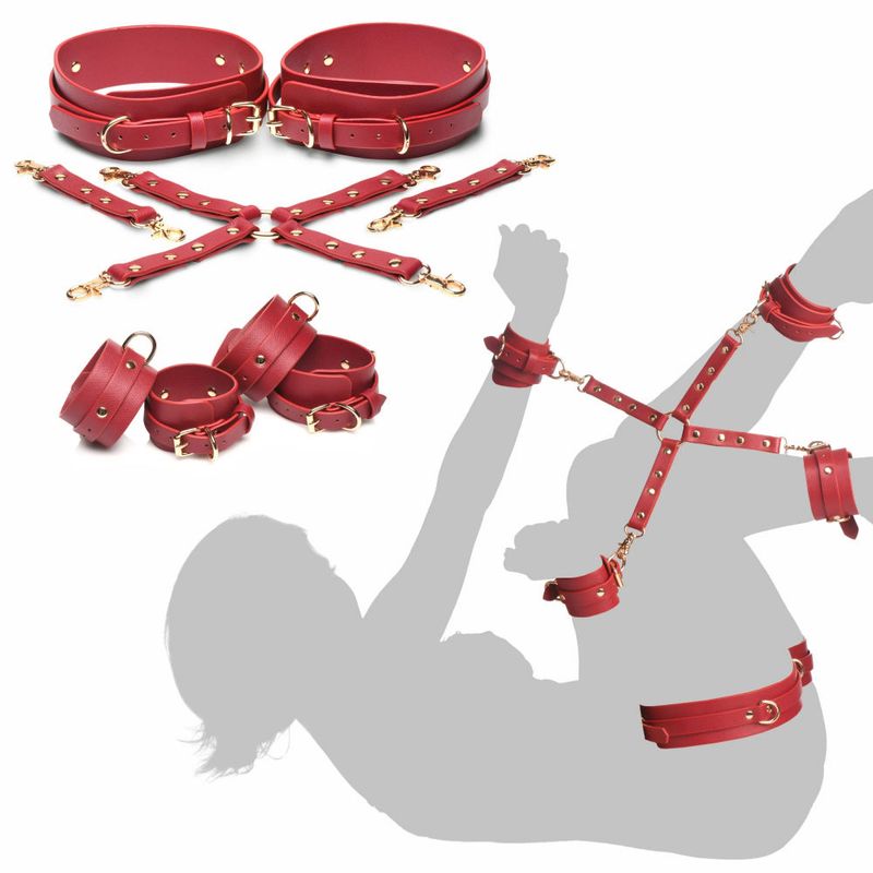 Crimson Captive Thigh, Wrist, and Ankle Hog Tie Restraints – Vegan Leather Restraint Set