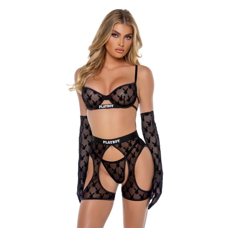 Playboy Flocked Bunny Chaps 3-Piece Set (Black) – Lingerie