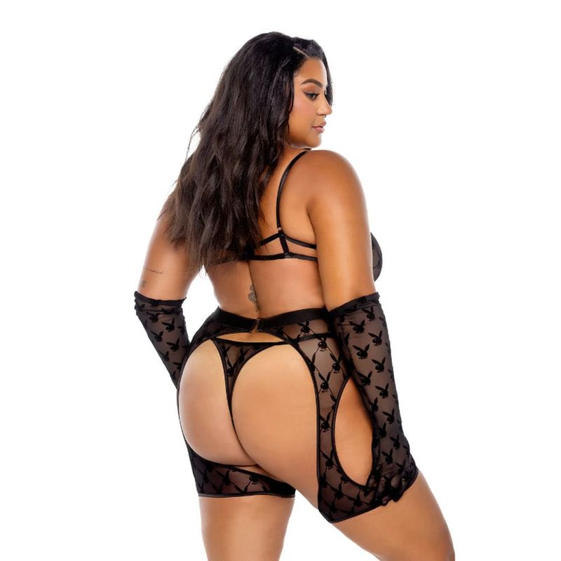 Playboy Flocked Bunny Chaps 3-Piece Set (Black) – Lingerie
