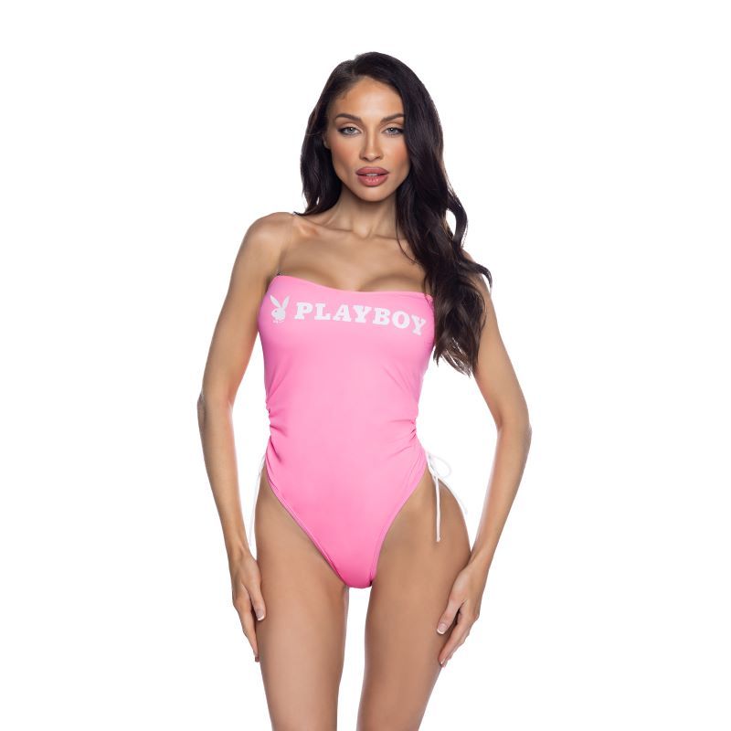 Playboy Pink One-Piece Swimsuit with Ruched Side Ties and Removable Straps