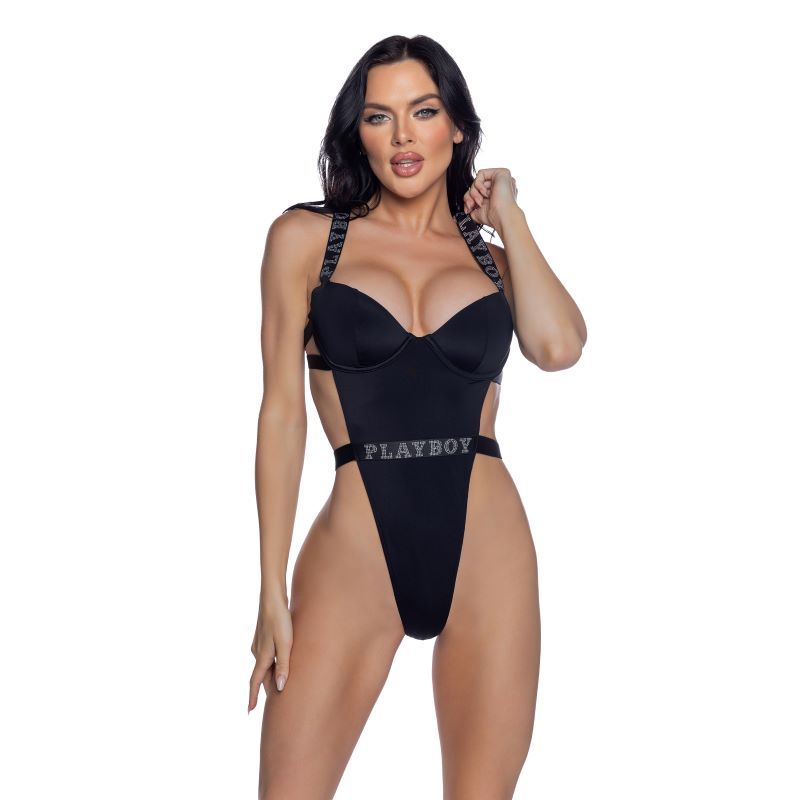 Playboy High-Leg Bodysuit with Rhinestone Logo – One-Piece Swimsuit