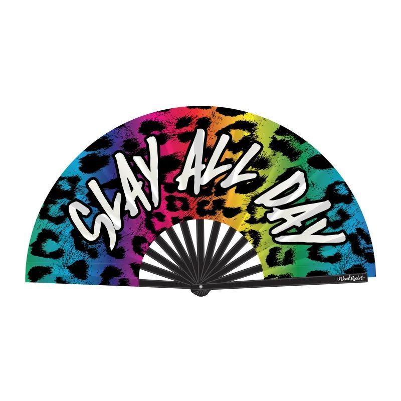 Slay All Day (Rainbow Leopard Print) Large Folding Hand Fan – Glossy Bamboo and Satin Fan