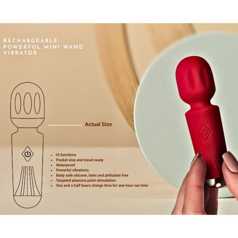 Rechargeable Silicone Mini Wand (Azalea Red) – Waterproof 16 Mode Wand Vibrator