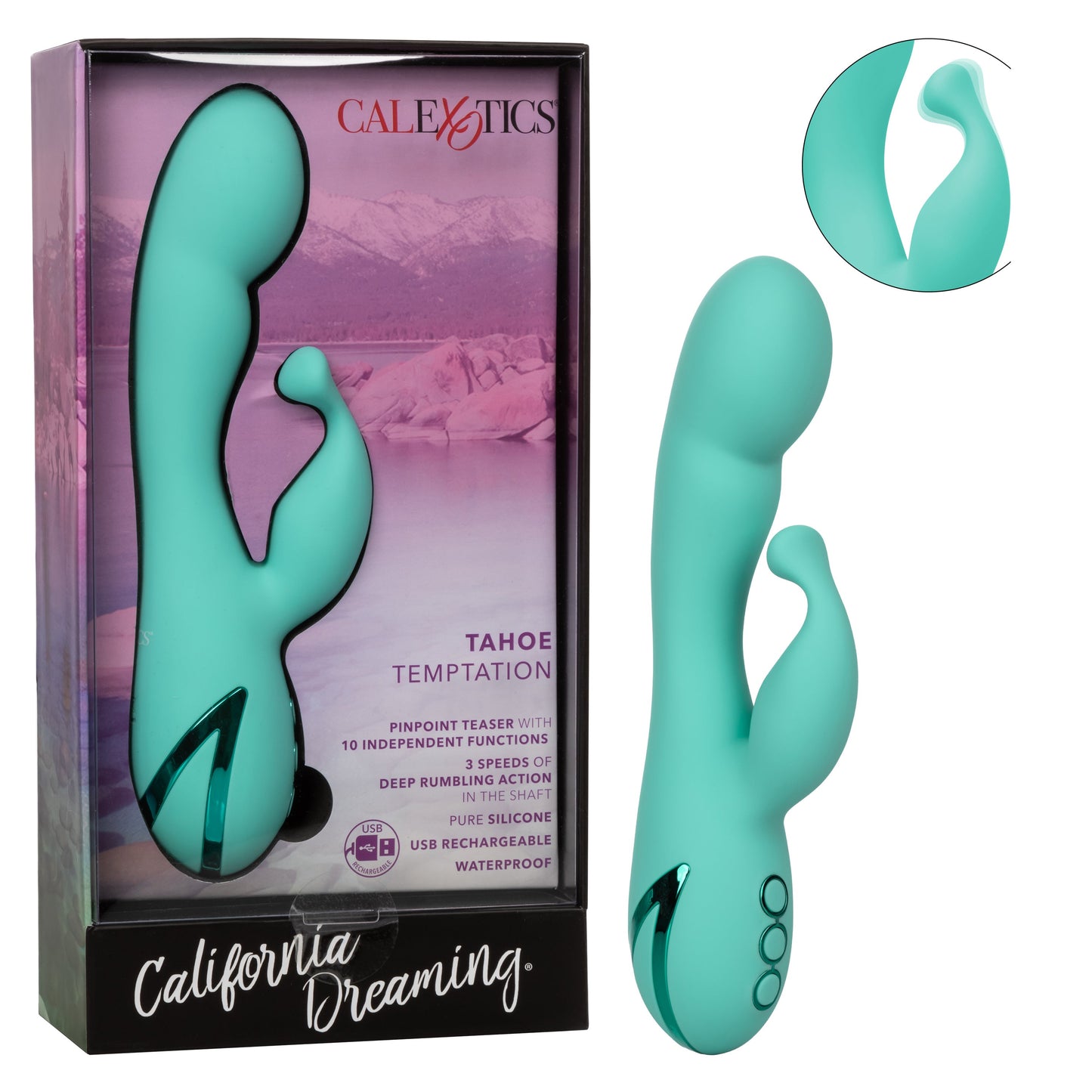 California Dreaming Tahoe Temptation Silicone Massager in Aqua Blue with Dual Vibration and Pinpoint Teaser