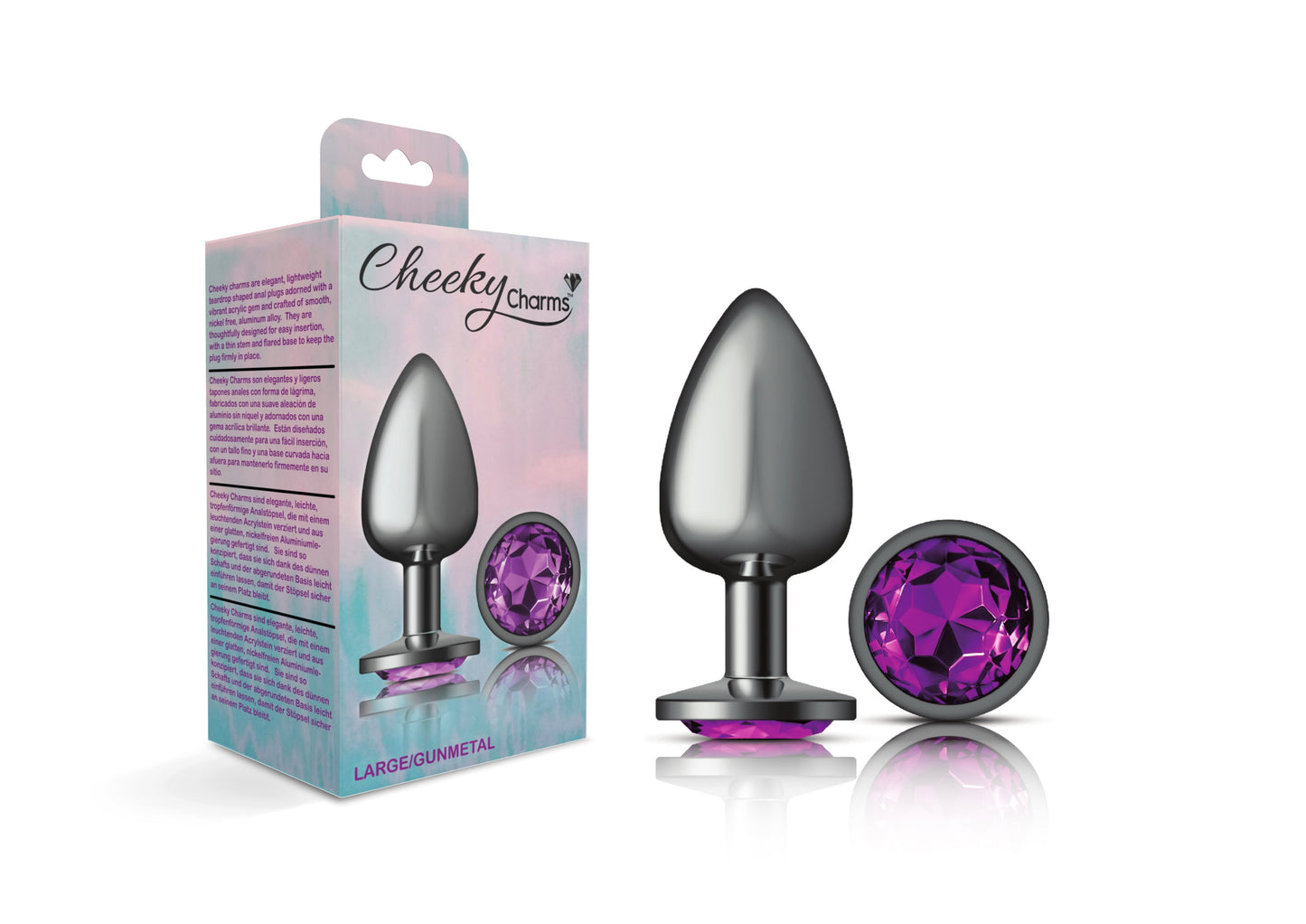 Cheeky Charms Gunmetal Round Butt Plug with Purple Jewel Large
