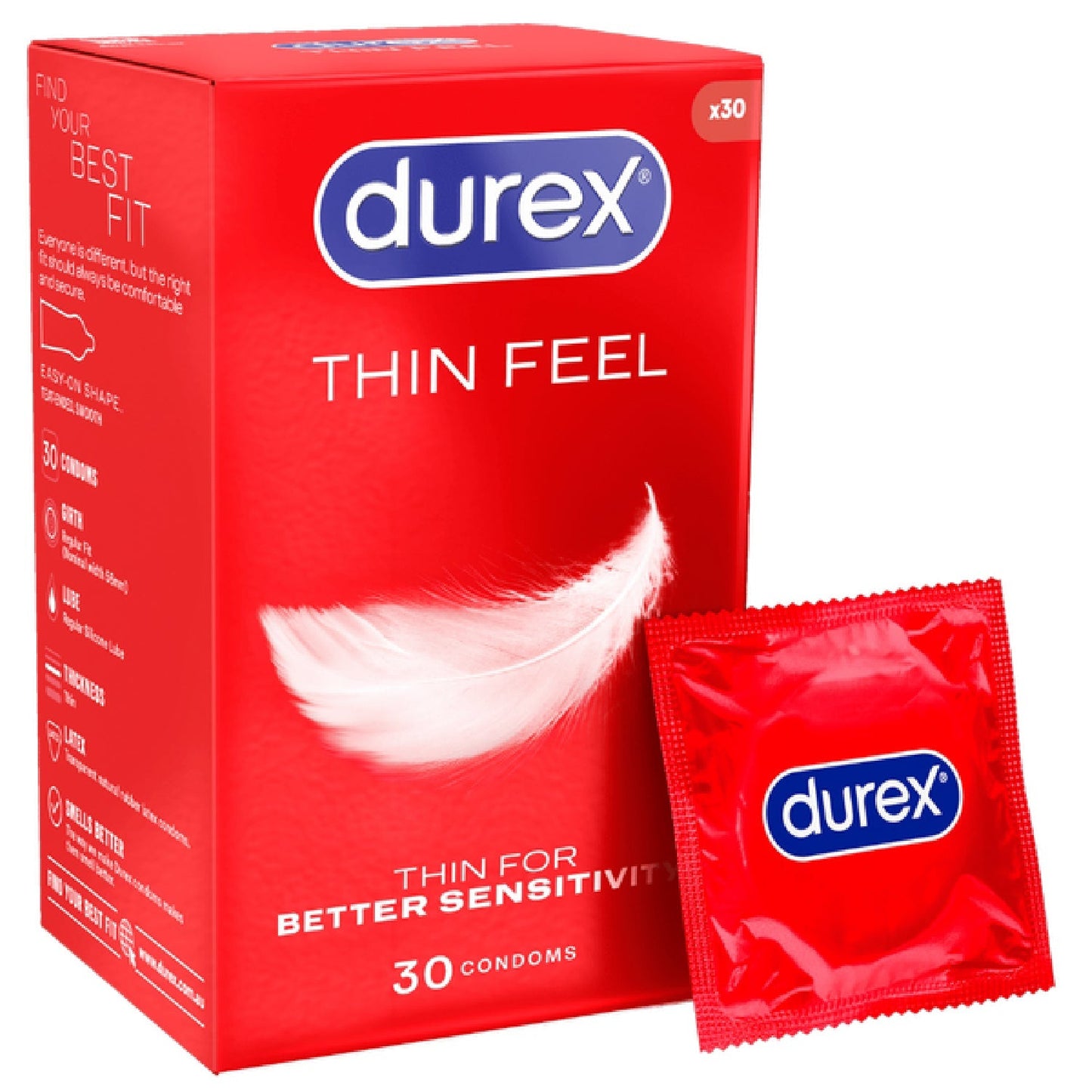 Durex Thin Feel – 20 Percent Thinner Latex Condoms 30 Pack