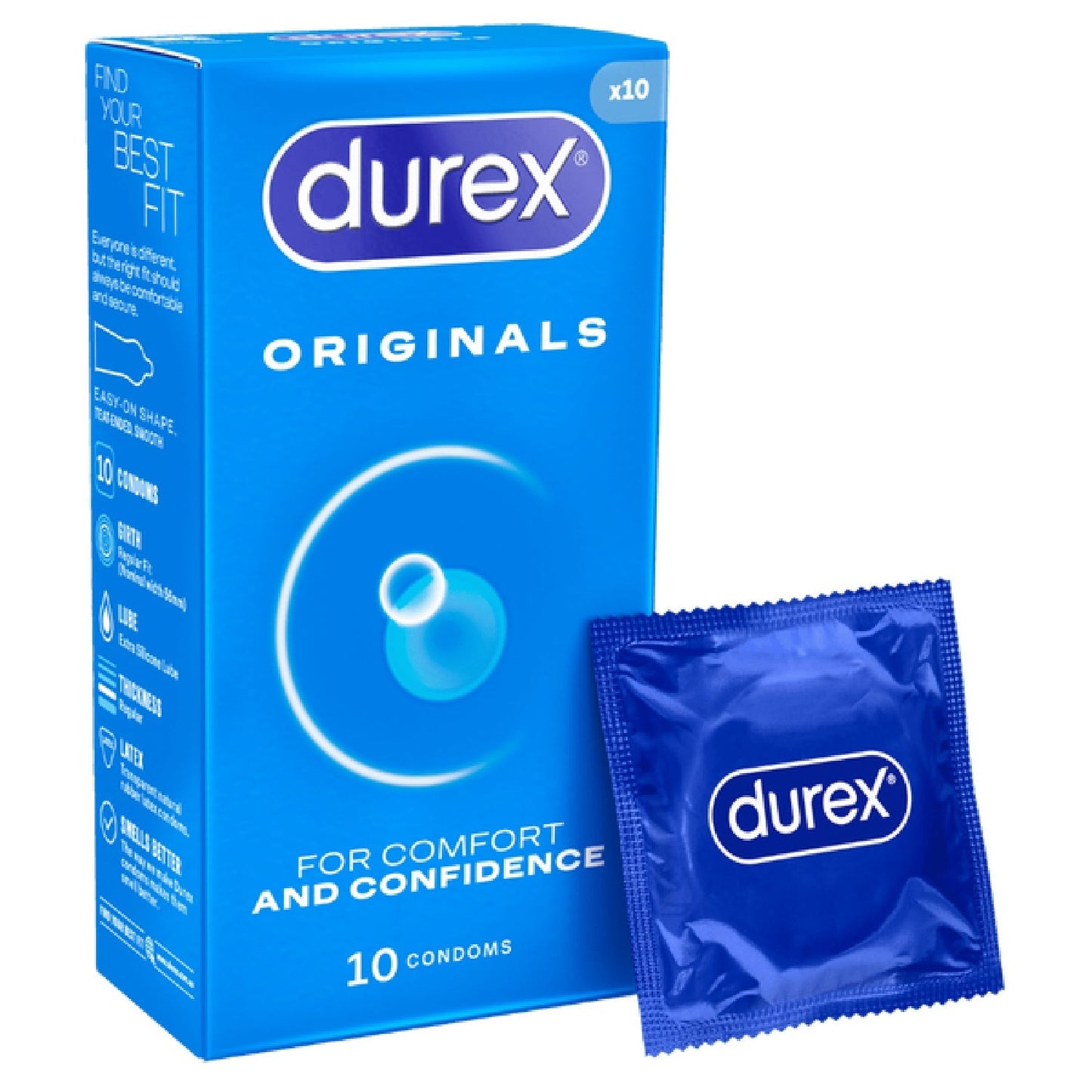 Durex Originals Easy-On Shaped Condoms – Comfortable Lubricated Latex Condoms 10 Pack
