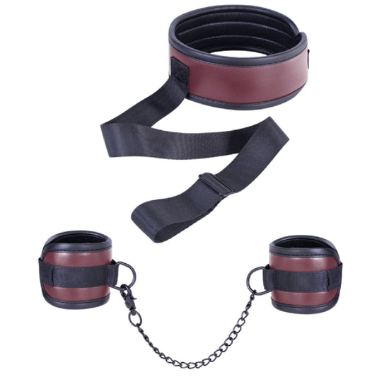 Adjustable Brown Collar with Handcuffs – Velcro Lock, Webbing Strap, 22.4cm Chain