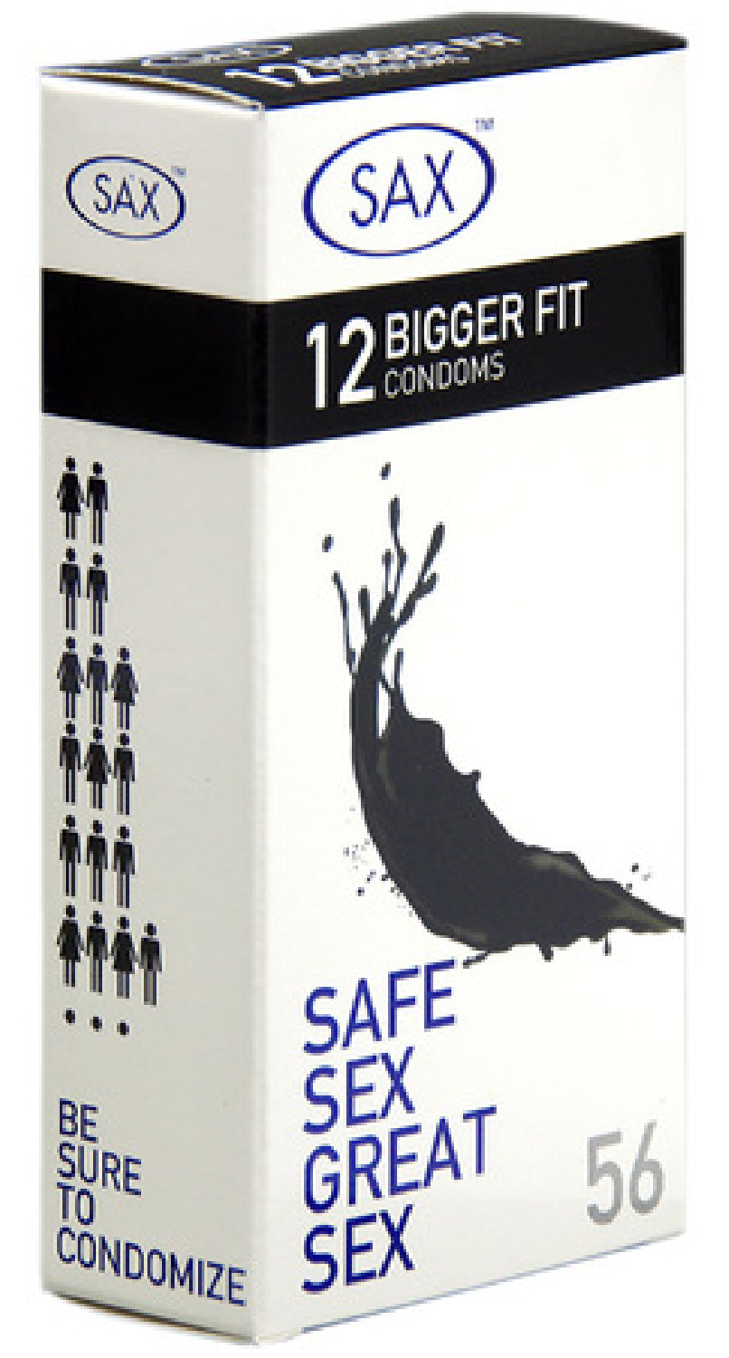 Sax Bigger Fit Pack 12 – 56mm Nominal Width Latex Condoms