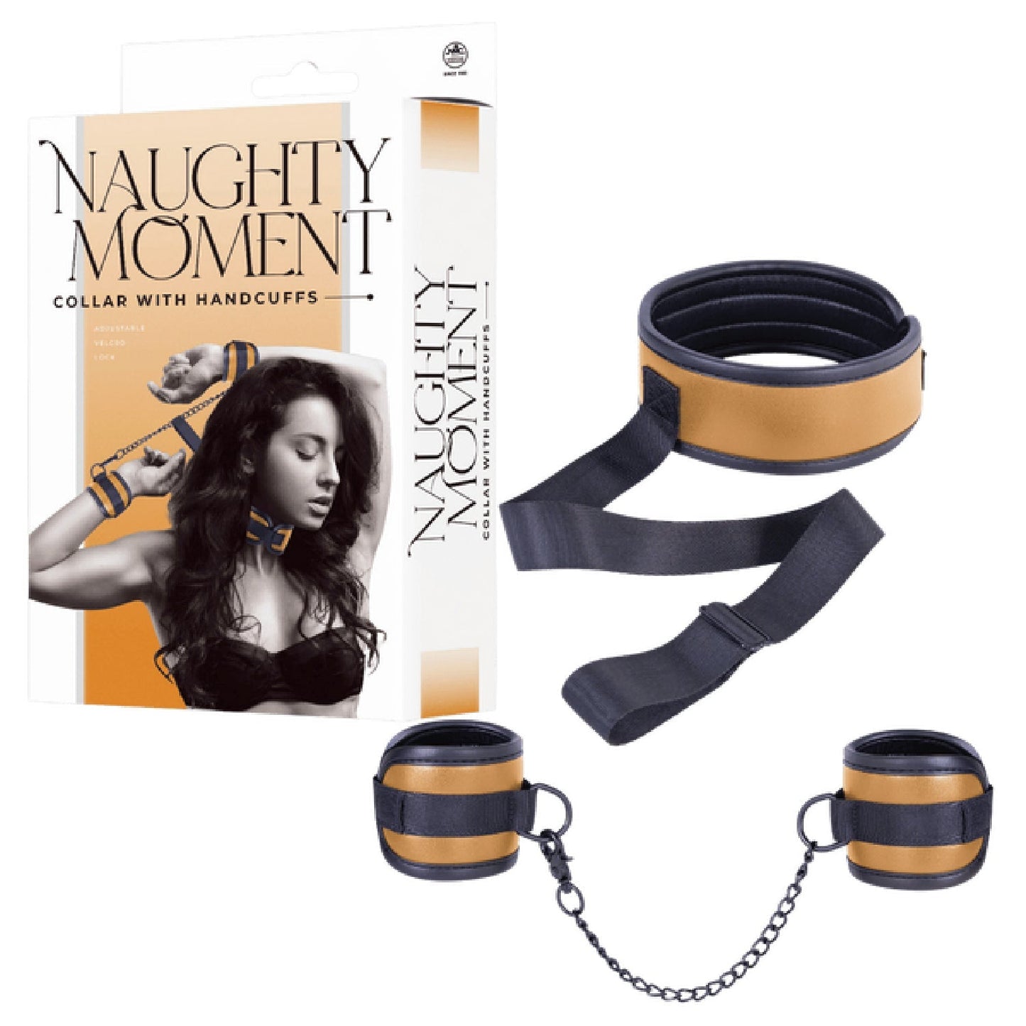 Adjustable Brown Collar with Handcuffs – Velcro Lock, Webbing Strap, 22.4cm Chain