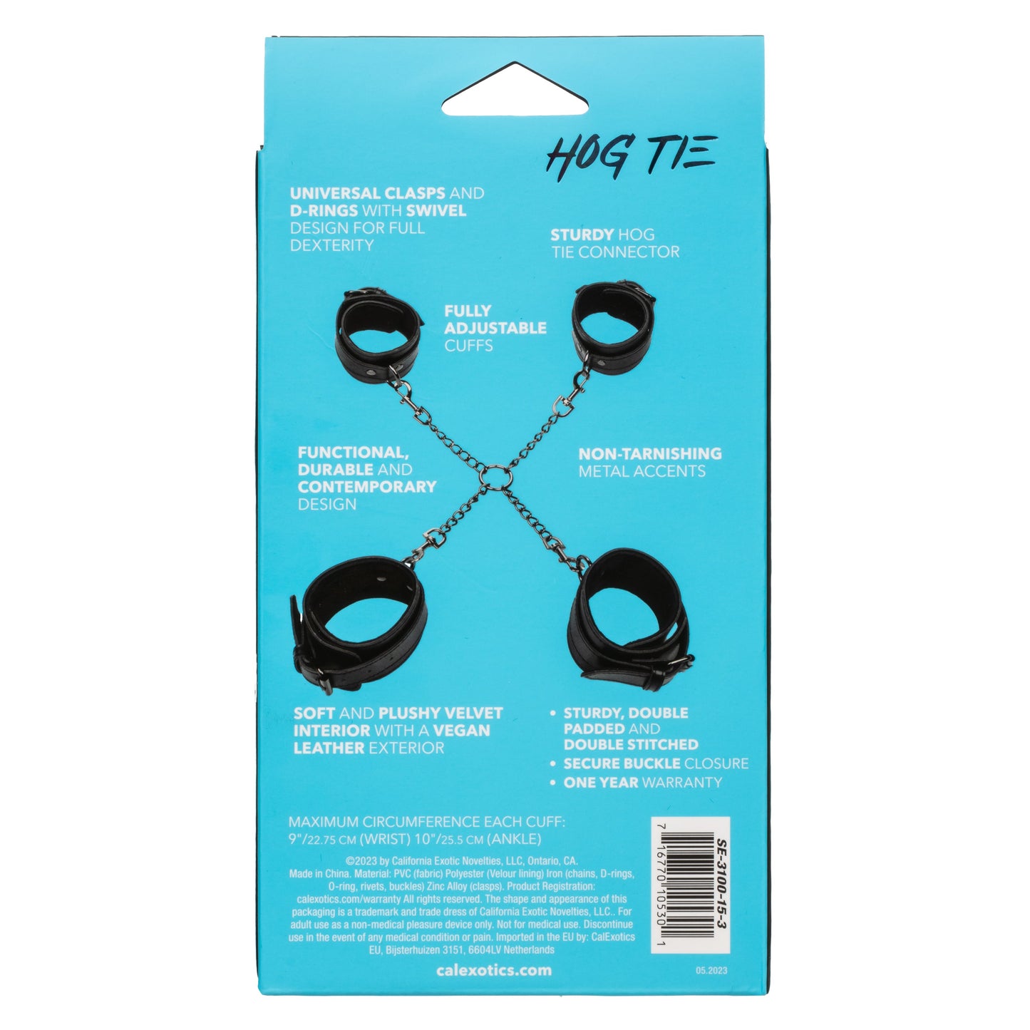 Euphoria Collection Black Hog Tie with Adjustable Velvet and Vegan Leather Cuffs, 9 to 10 Inch Circumference