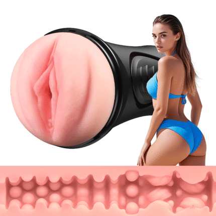 Pressure Palm - 10 Vibrations Realistic Labia Vaginal Pressure IPX7 Waterproof Electric Masturbator Stroker Black Masturbation Cup