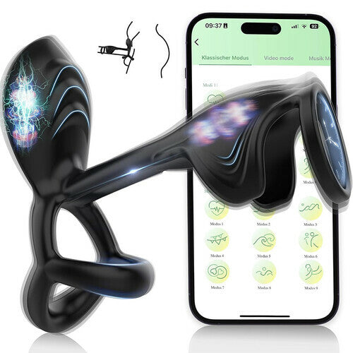 Acmejoy - Couple Use APP Control 10 Vibrating Male Silicone Penis Ring Black Penis Rings