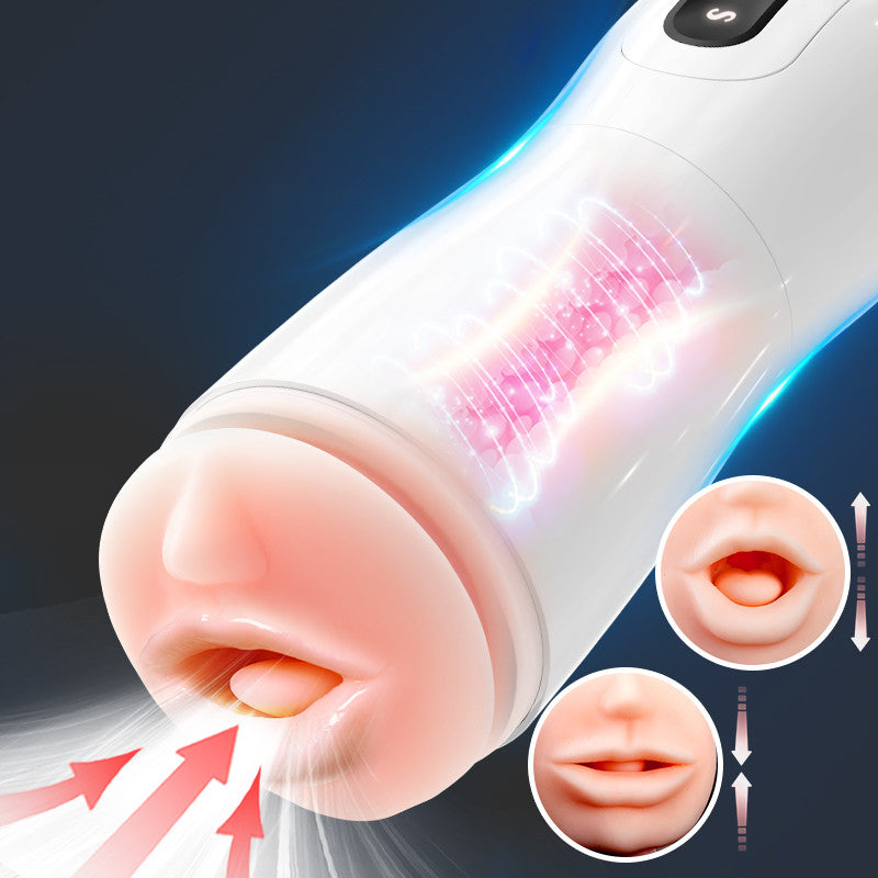 7-Mode Vibrating Automatic Male Stroker with Realistic Lip Entrance & Textured Tunnel White Masturbation Cup