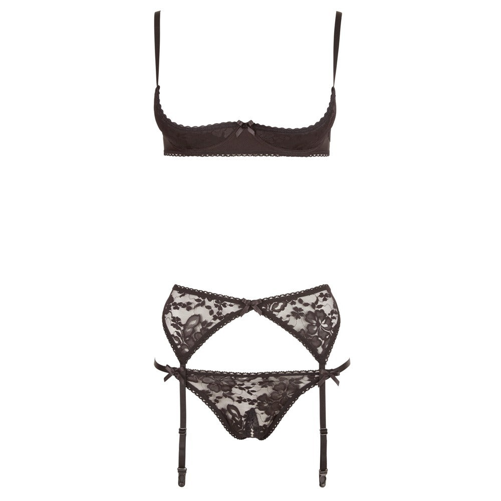 Cottelli Collection Half Bra Set – Lace Half Cup Bra, String, and Suspender Belt Set