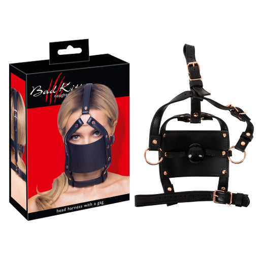 Bad Kitty Adjustable Head Harness with Rose Gold Metal Elements and Silicone Ball Gag