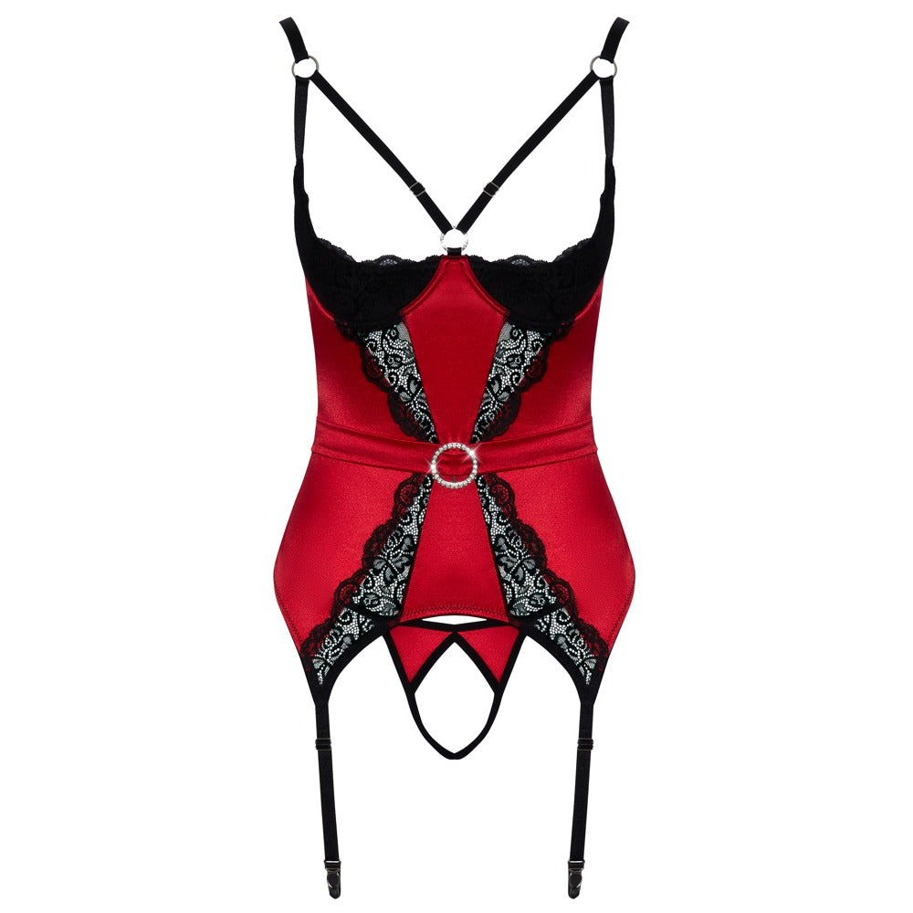 Cottelli Lingerie Cupless and Crotchless Basque (Red) – Stretchy Satin and Lace Lingerie Set