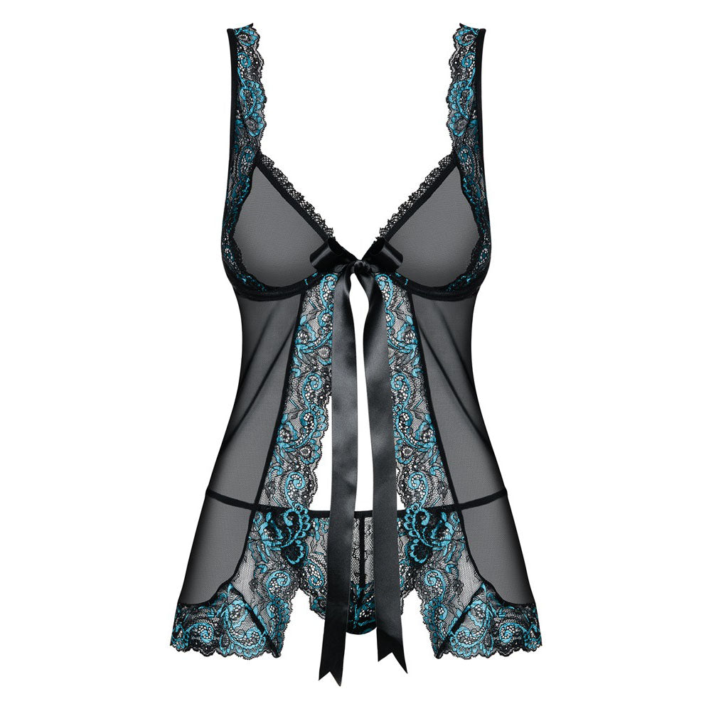 Obsessive Open Front Babydoll and String (Black) – Transparent Stretchy Lingerie Set