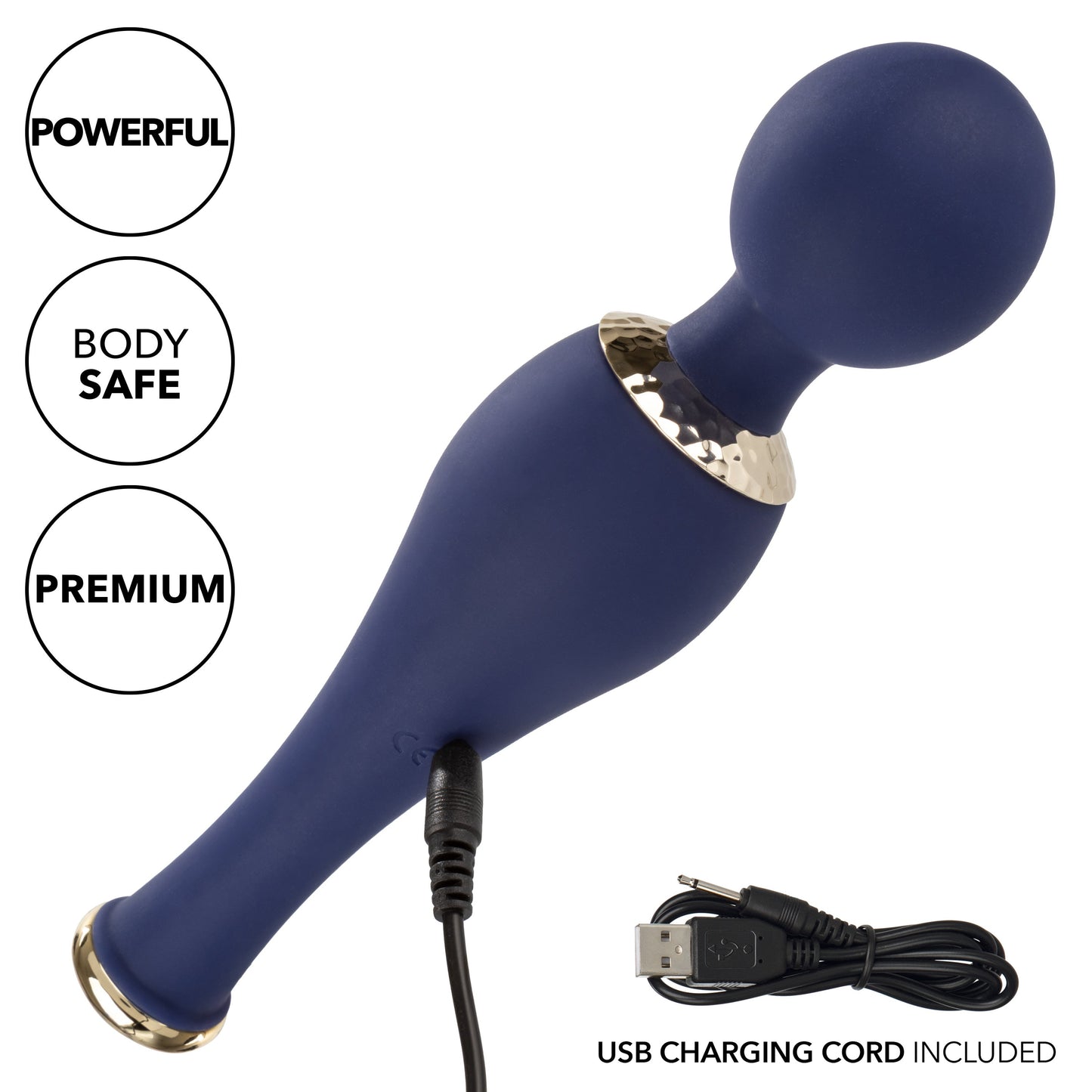 Chic Poppy Navy Blue Ultra-Plush Silicone Massager with 5 Vibration Levels and Gold Accents, Rechargeable, Waterproof