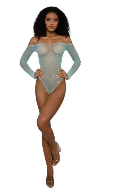 Rhinestone Off Shoulder Bodystocking – Nylon Spandex Bodystocking