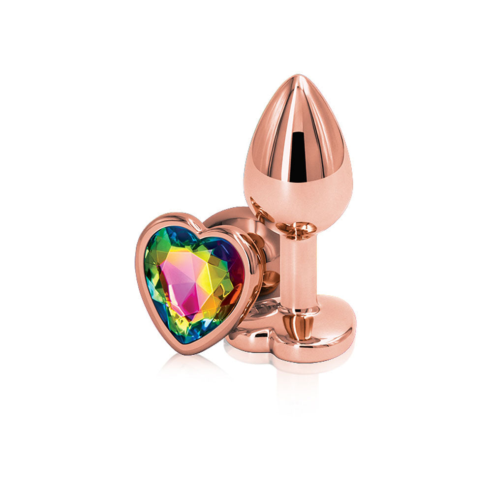 Rear Assets Rose Gold Small Metal Butt Plug with Rainbow Heart Gem Base – Lightweight Butt Plug