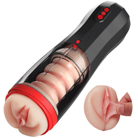 【Everted Fleshy Labia】ROKA - 5-in-1 Multifunctional Male Stroker with 5 Thrusting and Suction, 10 Vibration, and Transparent Removable Cover Black Masturbation Cup