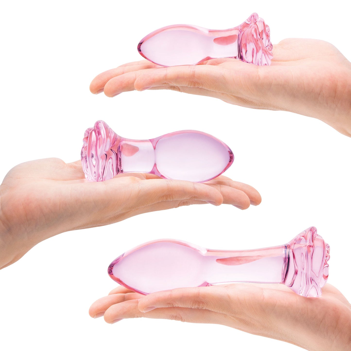 Glas 3PC Rosebud Butt Plug Set Pink Handblown Glass Anal Training Set 3.5, 4.5, and 5.5 Inches
