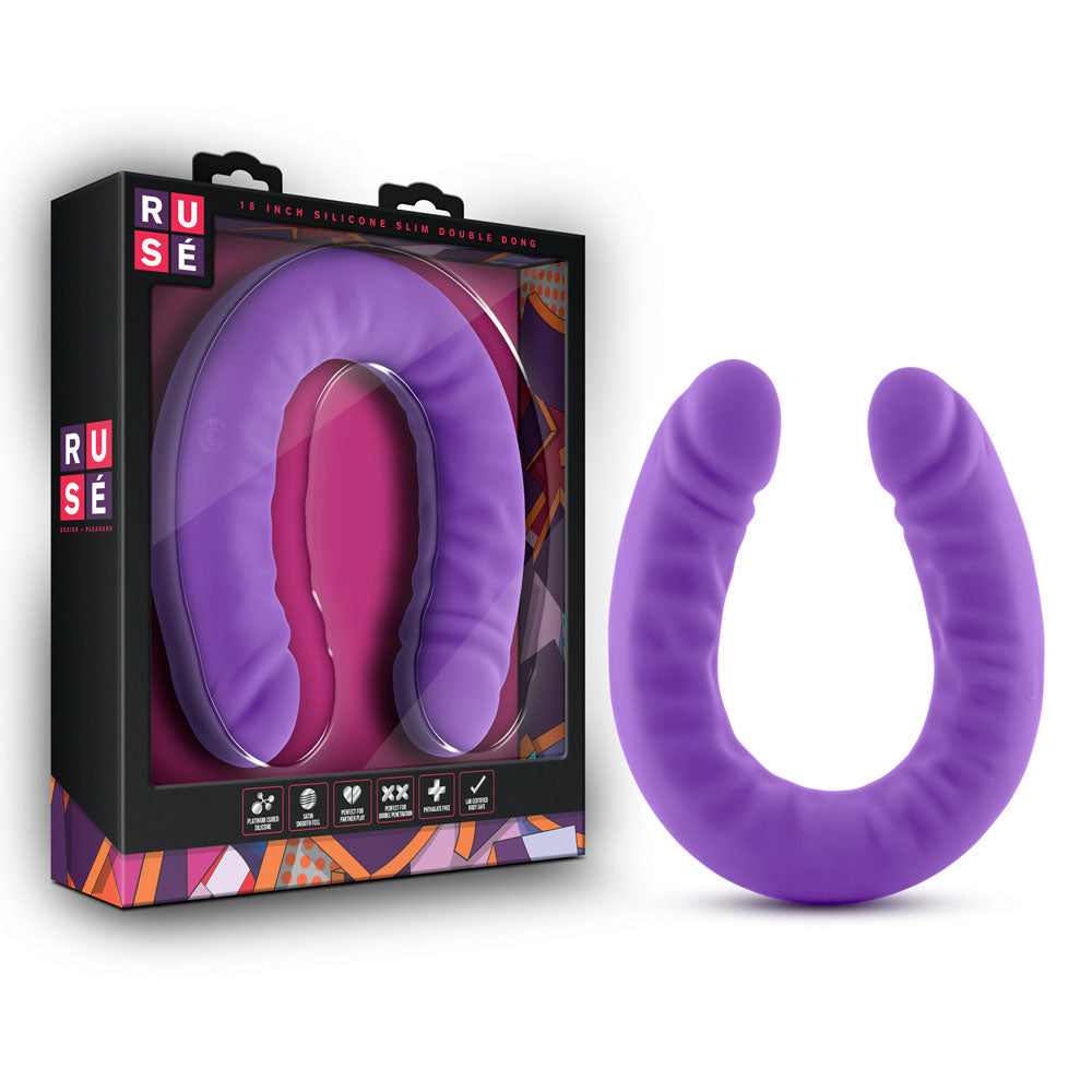 Ruse Silicone Slim 18in Purple Double Dong Dildo 1.5in Wide