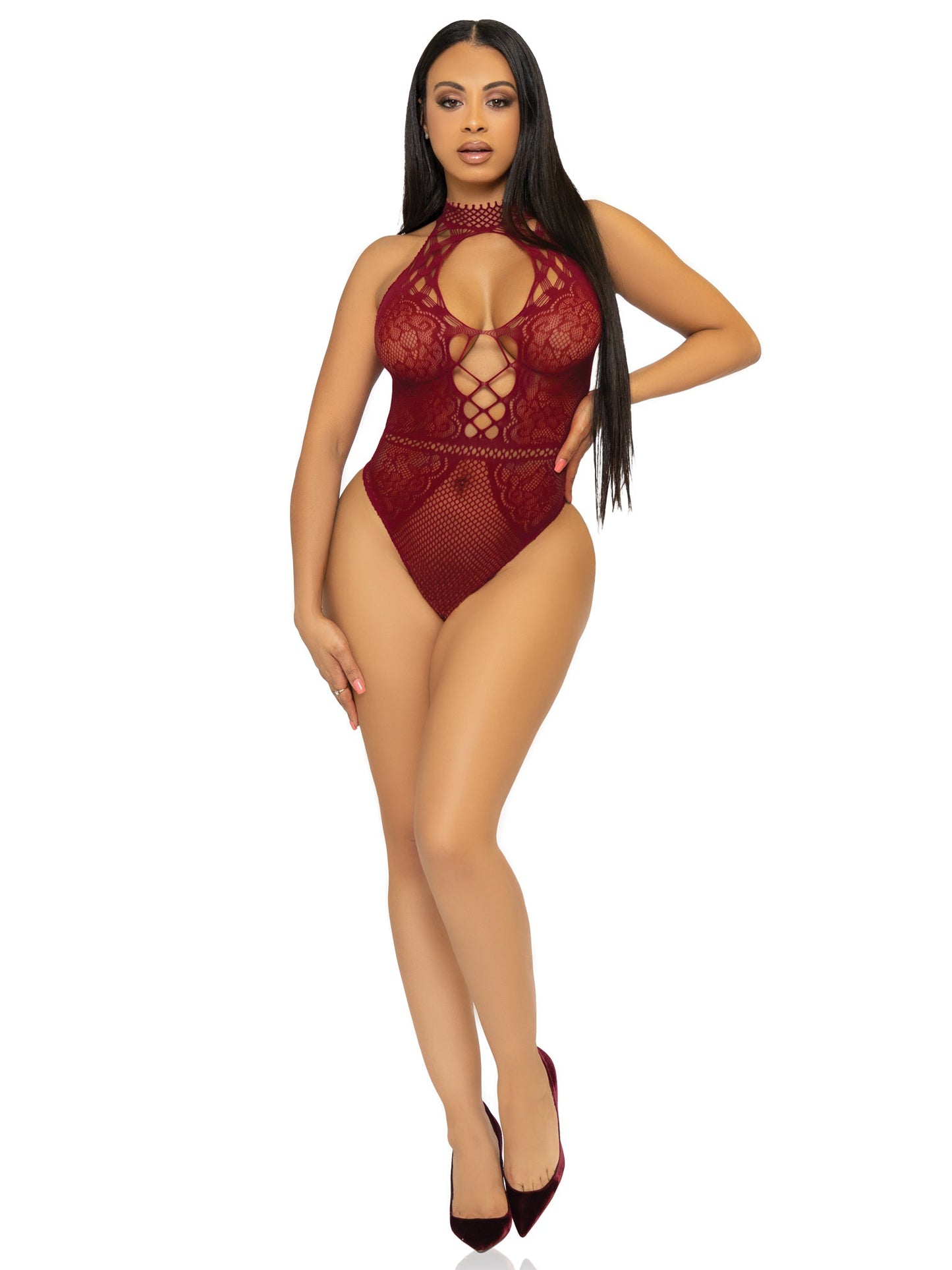 Net and Lace Keyhole Halter Bodysuit (Burgundy) – One Size Lingerie