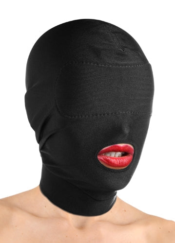 Spandex Bondage Hood with Padded Eyes and Open Mouth Design