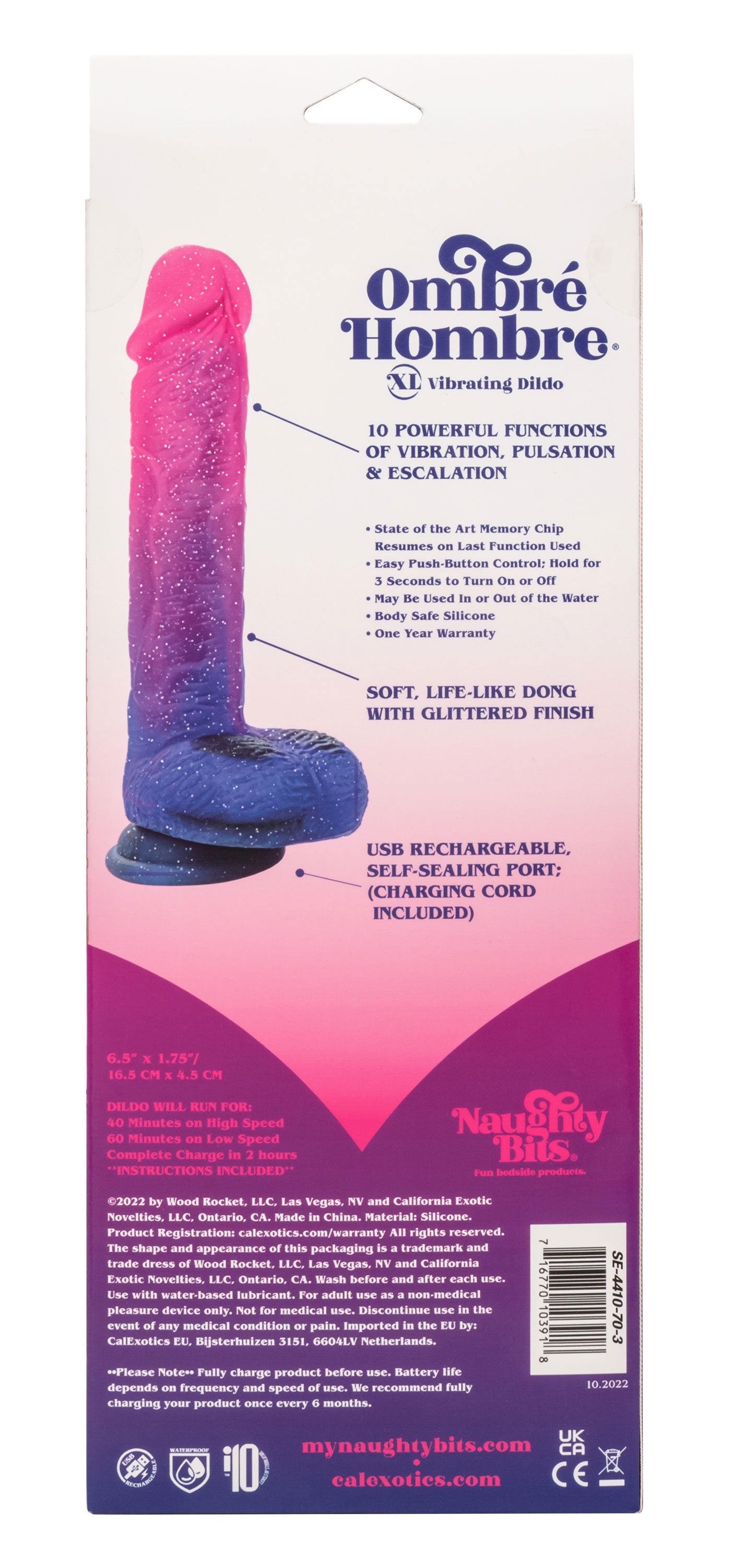 Naughty Bits Ombré Hombre XL Vibrating Dildo in Pink and Blue with Glitter Finish
