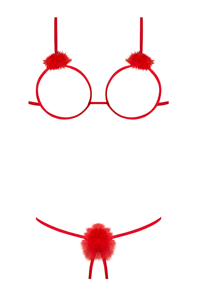Marabou Red Cupless Bra & Crotchless G-String Set Lingerie > Bra and Panty Sets