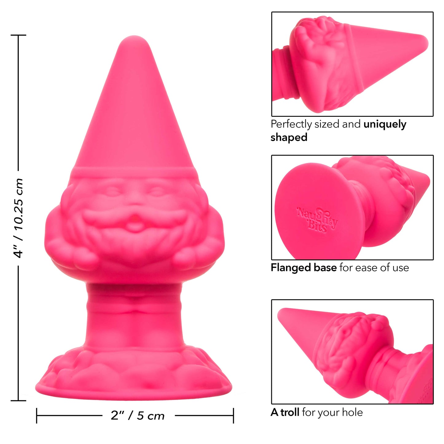 Naughty Bits Anal Gnome Gnome Butt Plug in Pink Silicone, 2 Inch Diameter