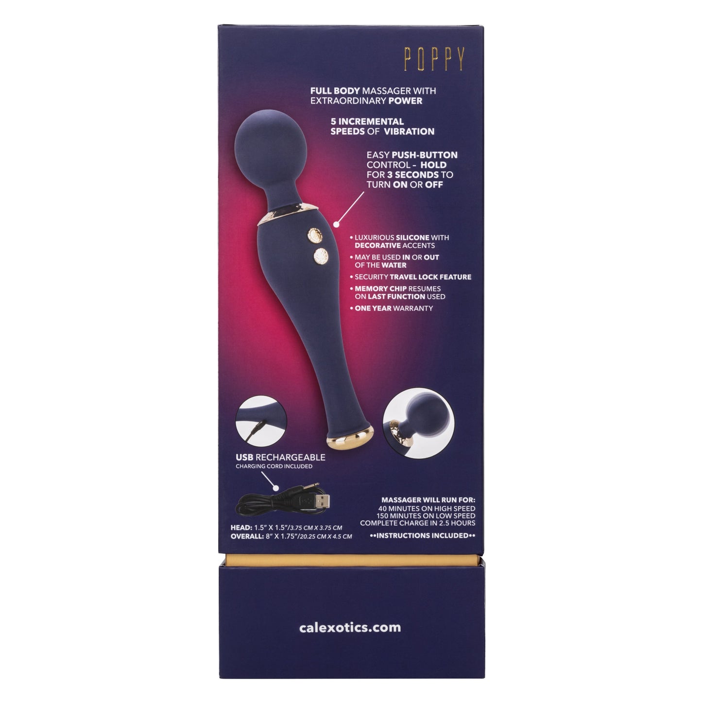 Chic Poppy Navy Blue Ultra-Plush Silicone Massager with 5 Vibration Levels and Gold Accents, Rechargeable, Waterproof
