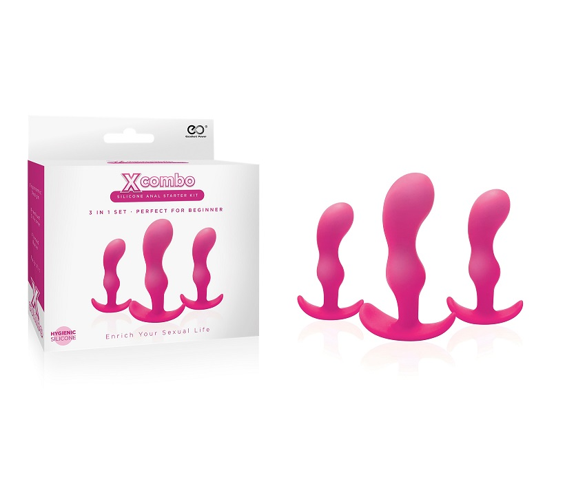 X Combo 3pc Pink Silicone Butt Plug Set with Ergonomic Design and Three Sizes