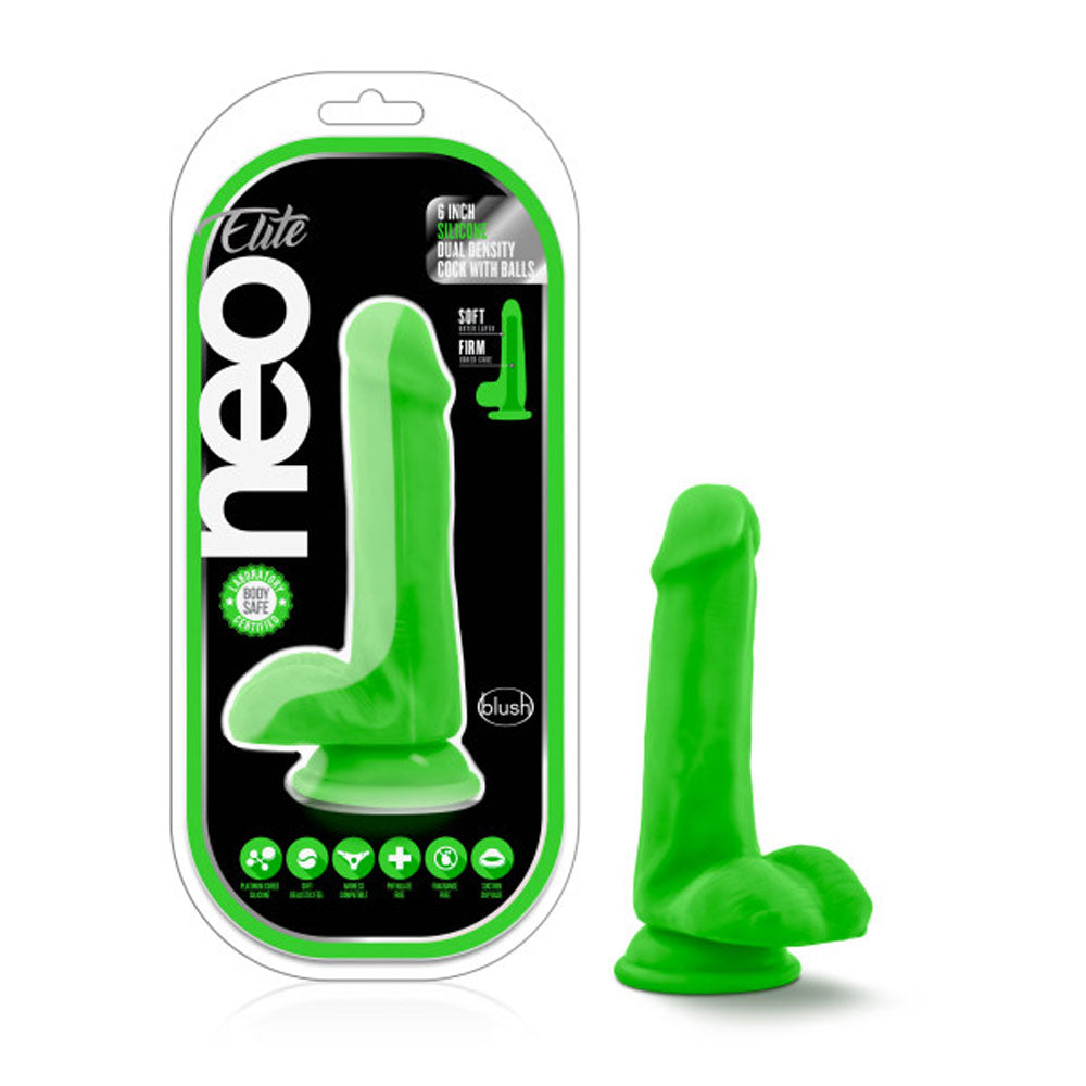 Neo Elite 6 Inch Silicone Dual Density Cock with Balls Neon Green