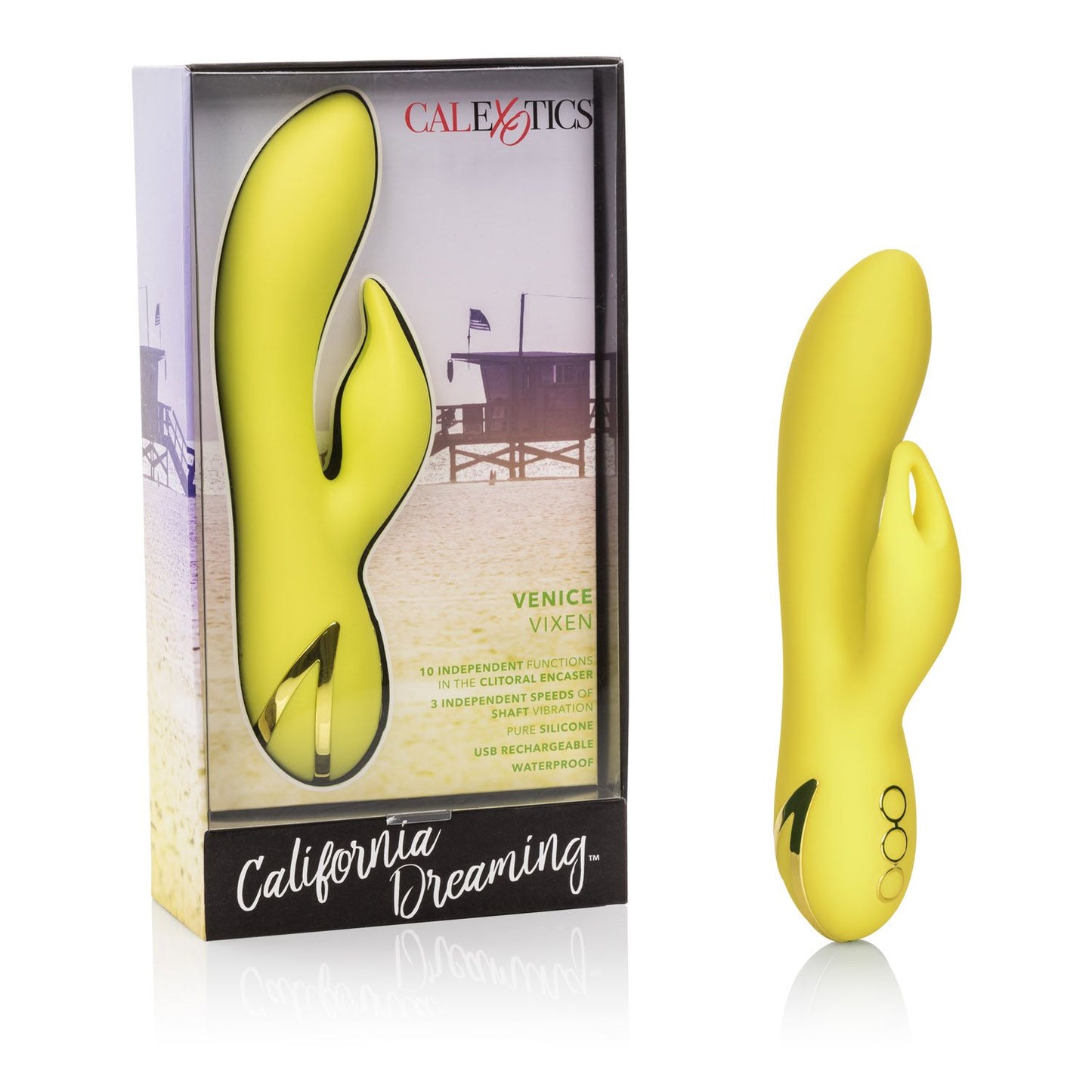 California Dreaming Venice Vixen Yellow Silicone Massager with 10 Vibration Functions and Waterproof Design