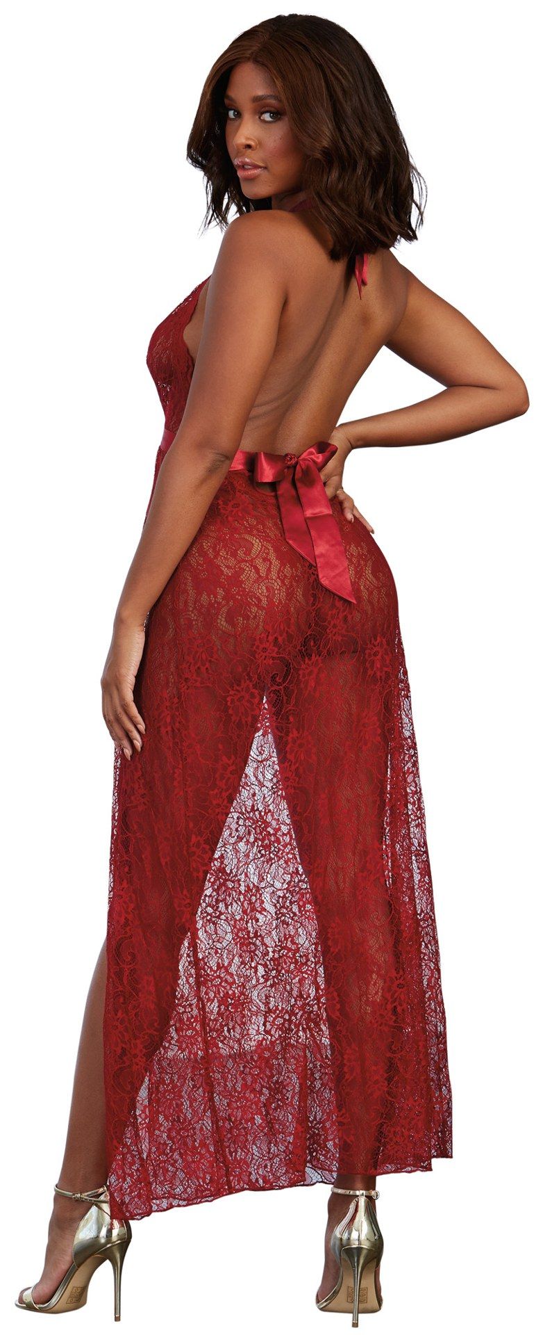 Garnet Lace Gown with Satin Tie Waist and Coordinating G-String (Small) – Delicate Long Lingerie Gown Set