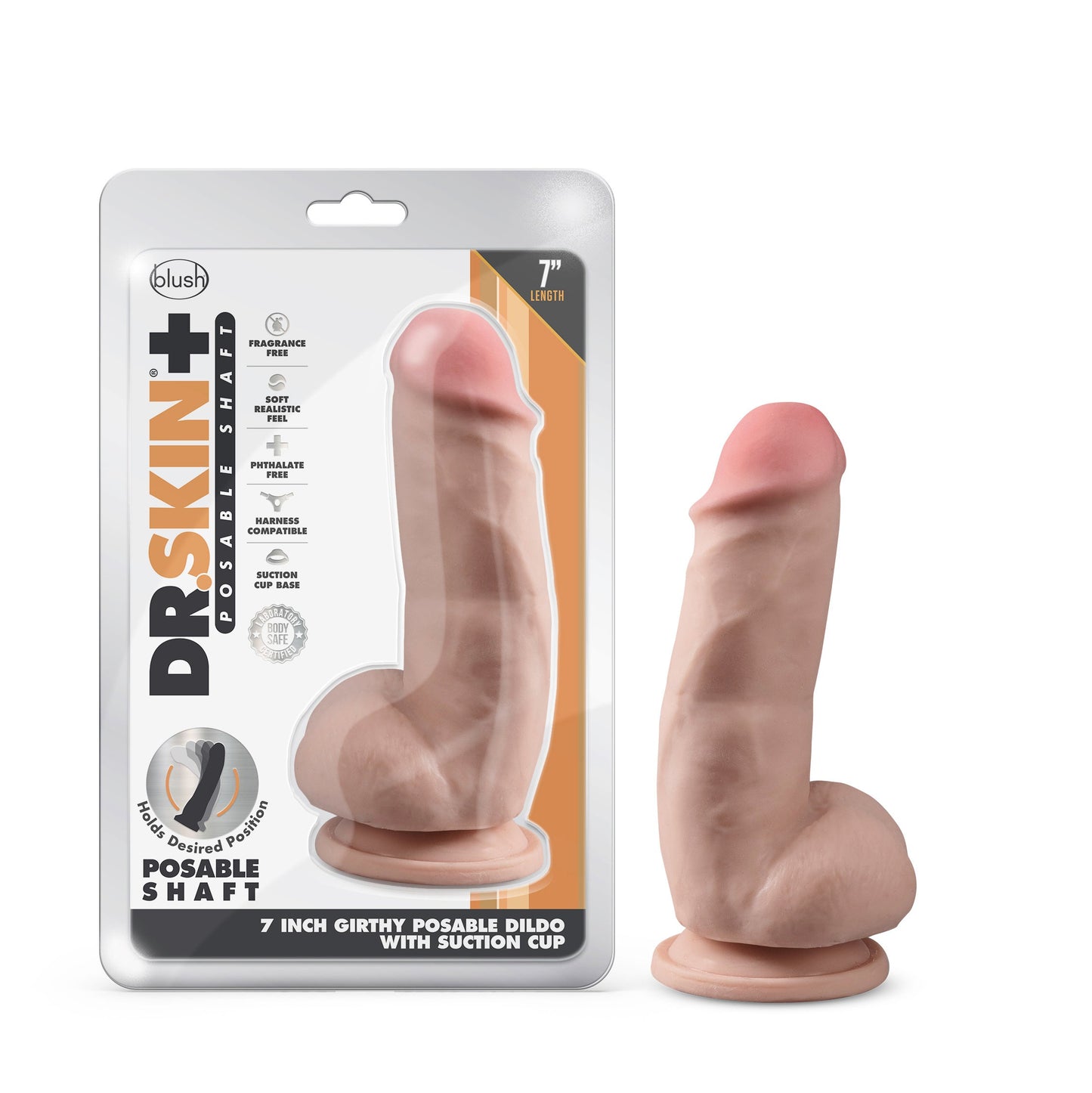 Dr Skin Plus 7 Inch Girthy Poseable Dildo with Balls Vanilla