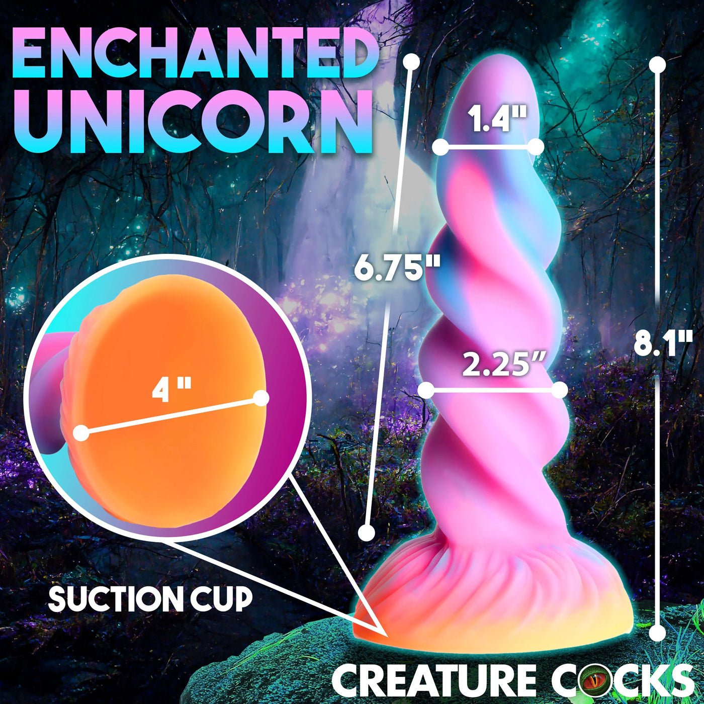 Moon Rider Glow in the Dark Unicorn (Colorful Sunburst) – Vibrant Glow Dildo 7 Inches