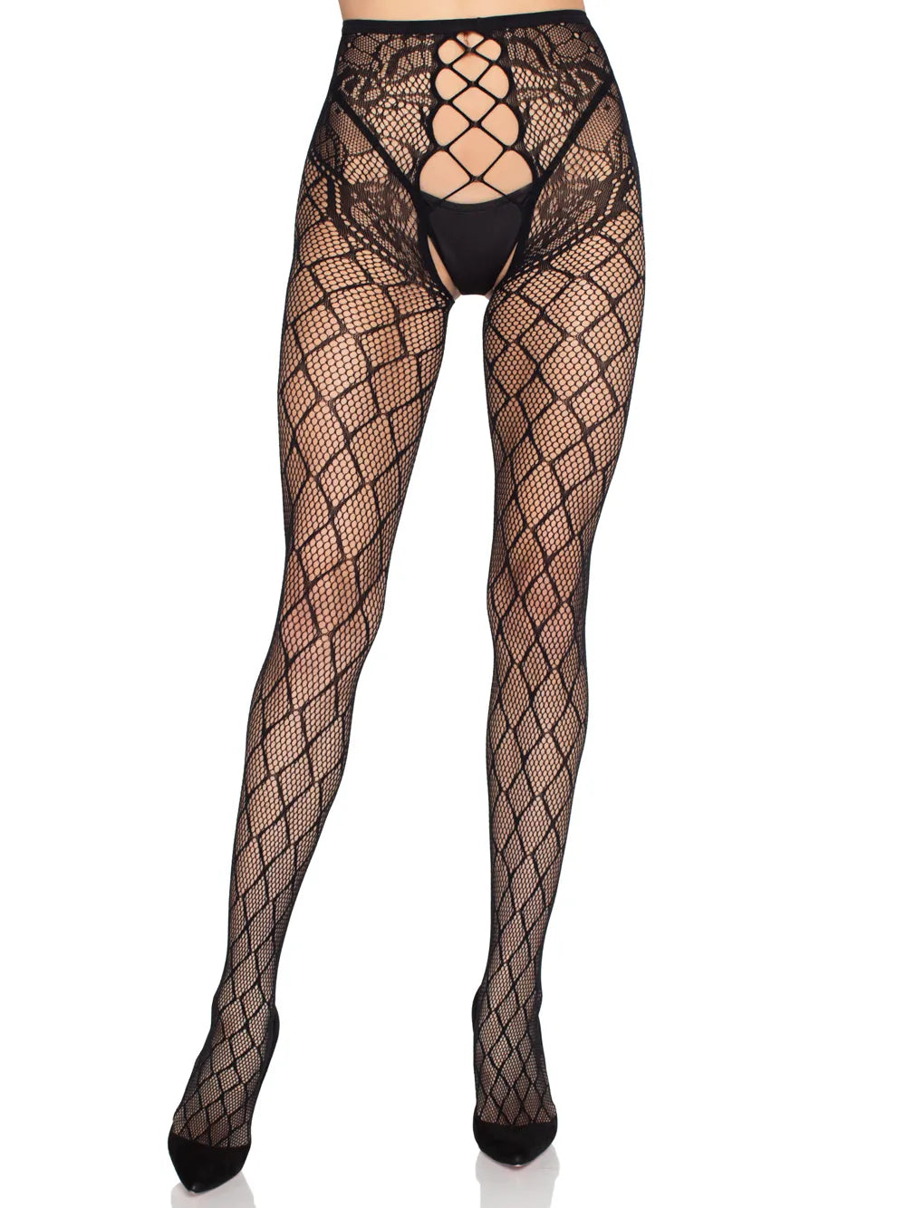 Faux Layer Net Tights with Crotchless Floral Panty (Black) – Lingerie