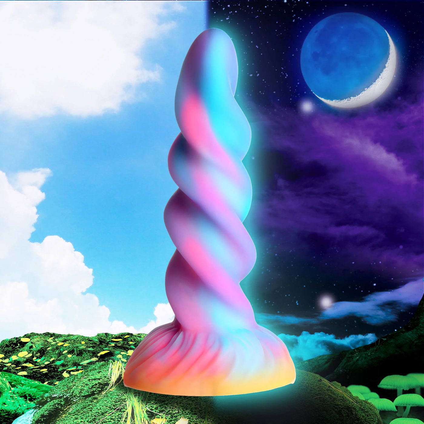 Moon Rider Glow in the Dark Unicorn (Colorful Sunburst) – Vibrant Glow Dildo 7 Inches
